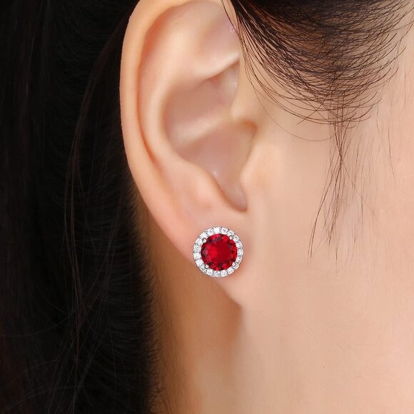 Women's Round Red Birthstone Elegant Mall Dainty Halo Cubic Zirconia Earring - Picture 3 of 6